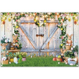 Luminora 7x5ft Fabric Spring Easter Backdrop Bunny Barn Door Colorful Eggs Floral Background Kids Baby Party Decorations Portrait Photo Banner Props