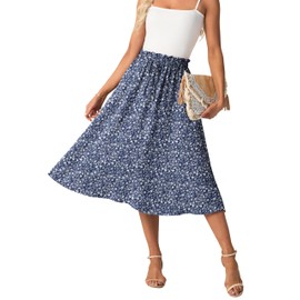 GRECERELLE Women's Summer Midi Long Midi Skirt A-line Flowy with Pockets Light and Airy, Blue White Flower, XL