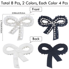 CABODYALS 8Pcs Beaded Bow Applique Rhinestone Bow Embroidered Patch Glitter White Black Crystal Bowknot Sew on Repair Badge Patches Bulk for Sewing Making Clothes Dress Crafts Backpacks Supplies