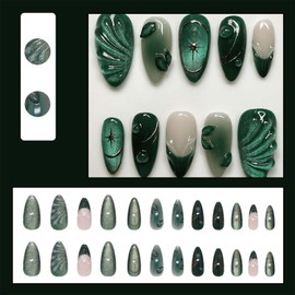 ONPRESS 24Pcs Dark Green Press on Nails Medium Almond Fake Nails with Shell Water Drop Design Gold Star Gradient Viridity Glue on Nails Emerald French Tip Stick on Nails for Women Decoration