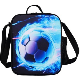 Rppiup Football Lunch Box, Insulated Lunch Bag for Kids Boys Girls with Water Bottle Holder, Washable Reusable Tote or Crossbody 3D Football Lunchbox, for School Hiking Picnic Travel Camping(Blue)