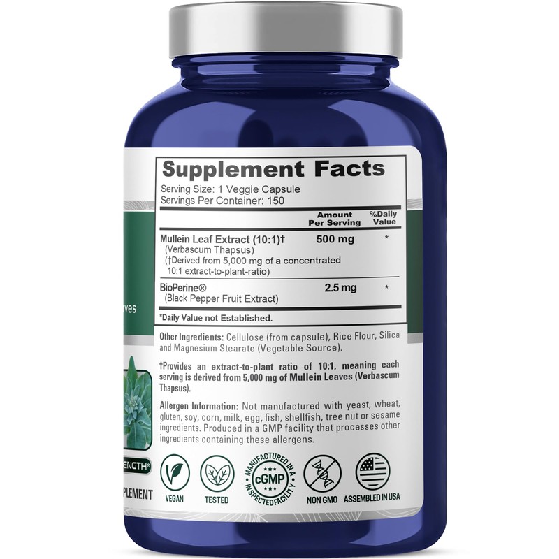 NusaPure Mullein Leaf Capsules 10:1 Extract, 500 mg Equivalent to