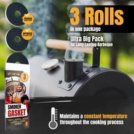 Smoker Chef XXL 30 FT Grill Gasket for Smokers - Black 1/2’’ x 1/8’’ Hi Temp Seal Smoker Gasket – 3-Pack x 10 FT Self Stick Black Nomex Fire Tape for BBQ Lid – High Heat Temperature Material Replace