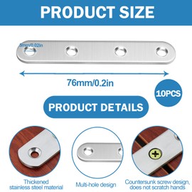 TINA.WIN 10 flat brackets with screws for wood, shelves, furniture, windows and cabinets, silver (76 mm x 5 mm/0.02 inches)