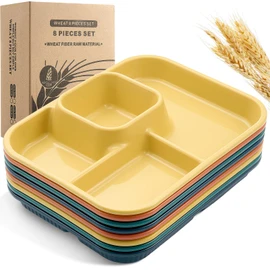 Pinkunn 8 Pcs 10'' Divided Plates Unbreakable Wheat Straw Dinnerware Lunch Trays Lightweight Reusable Plastic Compartment Microwave Dishwasher Safe Separator Plates(Orange, Yellow, Green, Blue)