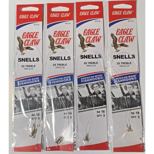 Eagle Claw 673H Snelled Treble Fishing Hook Size 12 14