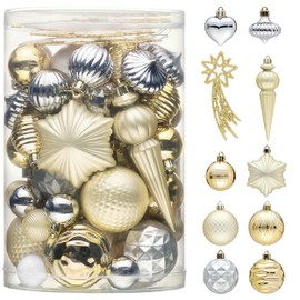 Valery Madelyn Christmas Tree Decorations 60pcs, Gold and Silver White Xmas Baubles Shatterproof Ball Ornaments Set