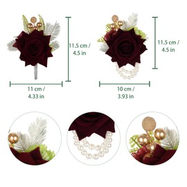INSUNSIX 2PCS Burgundy Corsage and Boutonniere Set, Rose Wrist Corsage for Brides Corsage Wristlet for Prom Decor, Groom Boutonniere Set for Men Wedding Anniversary Flowers Party Suit Decoration (Red)