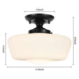 Rosient Schoolhouse Style Semi Flush Mount Ceiling Light Fixture, 12" Modern Hallway Ceiling Lamp with Opal Milk Glass Shade, Farmhouse Globe Light for Bedroom Kitchen Hallway Entryway Laundry