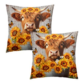 Giwawa Highland Cow Throw Pillow Covers 18x18 Inch Sunflower Floral Decorative Pillow Cases Set of 2 Cotton Cushion Covers for Sofa Couch Chair