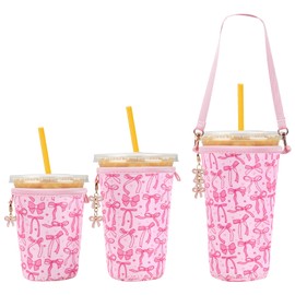 3PC Reusable Neoprene Iced Coffee Sleeve with Strap & Charms Perfect Cold Drink Sleeve for Iced Drinks, Coffee Cup Sleeves, and More Durable, Insulated Coffee Sleeves for Iced Coffees & Cold Beverages