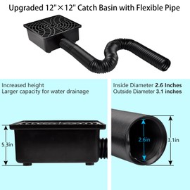 Prestantious Gutter Downspout Catch Basin, Upgraded Version 12"×12" Catch Basin Gutter Downspout Extensions with 3.1” OD Flexible Pipe, Rainwater Downspout Diverter, Pipe Stretched Length 6.7ft