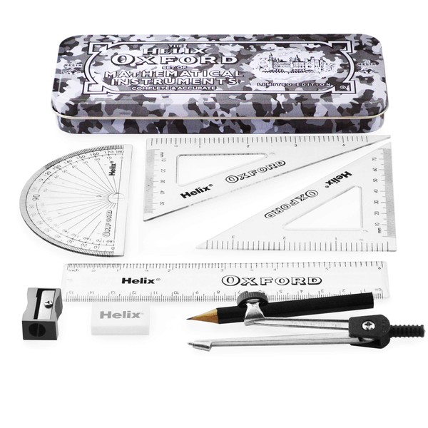 Helix Oxford Camo Maths Set - 9 Piece Set - Set Squares, Protractor, Ruler, Eraser, Sharpener, Compass and Pencil - Limited Edition