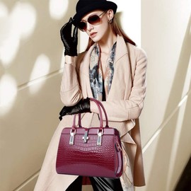 XingChen Shiny Patent Leather Handbag for Women Purse Crocodile Pattern Top-Handle Satchel Ladies Shoulder Bag Tote(Wine)