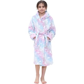 A2Z 4 Kids Girls Fleece Luxury Sherpa Hooded Dressing Gown Unicorns Print - Robe 132 Unicorn Rainbow._7-8