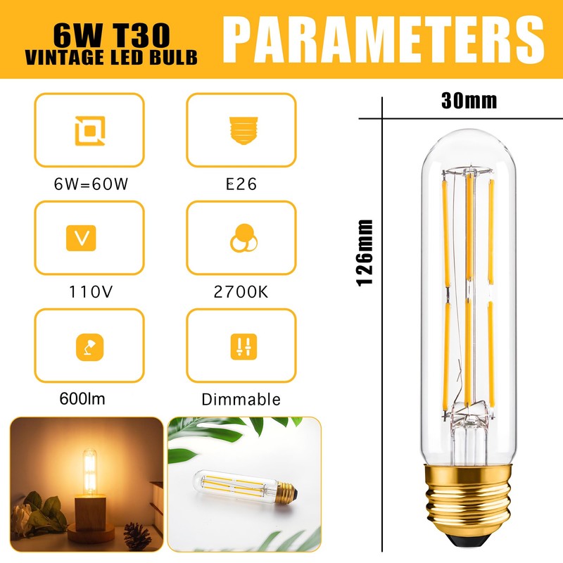 Dimmable T10 LED Tubular Light Bulb 6W 60W Equivalent Vintage