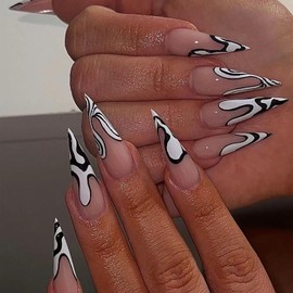 24Pcs Almond Press on Nails Medium Length Fake Nails Stiletto Nail Tips Reusable False Nails with Black White Stripes Design Halloween Acrylic Nails Press ons Full Cover Stick on Nails for Women