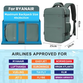 Cmezevi Cabin Bags 40x20x25 for Ryanair, Small Underseat Carry-ons Bag Hand Luggage Bag Travel Backpack Cabin Size 20L Fit 14 Inch Loptop Bags for Women Men with Trolley Sleeve - Green