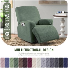 KinCam Recliner Covers, Stretch Reclining Chair Covers, Recliner Sofa Slipcovers Stripe Jacquard Recliner Couch Covers Furniture Protector Covers for Pet Kid (1 Seater, Greyish Green)