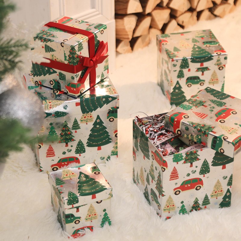 PAPER FAIR 5PCS Christmas Nesting Gift Boxes Set, Silver Foil