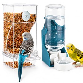 Rypet No Mess - Juego de dispensador de agua para pájaros, alimentador automático para pájaros, jaula de alimentos transparente, accesorios de alimentador de loros, para pájaros pequeños, loros,