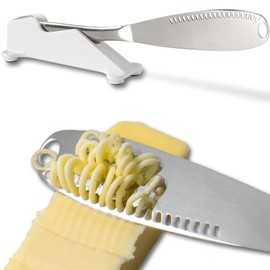 JBTHINGS Stainless Steel Butter Spreader Knives Set (2-Pack) - 3-in-1 Butter & Cheese Slicer with Serrated Edge & Curling Holes. Includes Top Stand and a Stick-Anywhere Knife Holder!