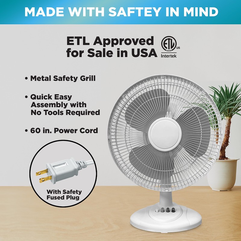 EZ-CHILL 12” 3-Speed Oscillating Table Fan with Adjustable Tilt, Convenient