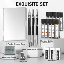 Four Candies 3PCS 2MM Mechanical Pencils with case, Artist Lead Pencil Metal Lead Holder with 120 Graphite Lead Refills(HB 2H 2B 4B Color), 4 Erasers, Sharpener, Drafting Pencil for Drawing, Sketching