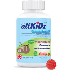 allKiDz Magnesium Gummies for Kids Children Sleep Mood Relaxing Supplement, Made in Canada, 55mg Magnesium Citrate per Gummy, Vegan Pectin Plant-based, Great Tasting Better Absorption, Raspberry Flavours, 80 Count