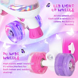 MammyGol Kids Roller Skates for Girls or Boys, 4 Size Adjustable Roller Skates for Children with Beautiful Butterflies, Beginner Kids Light up Roller Quad Skates Indoor Outdoor (Pink)