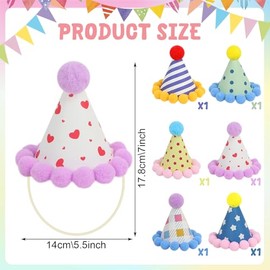 Paquete de 6 mini sombreros de fiesta para animales de peluche, mini sombreros de papel con pompones, disfraz de fiesta de cumpleaños para muñecas, pe