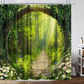 Forest Tree Shower Curtain Green, Rustic Nature Woodland Decorative Shower Curtain for Bathroom, Enchanted Forest Outdoor Jungle Scenic Farmhouse Shower Curtain Set with Hooks,70X70 Fabric