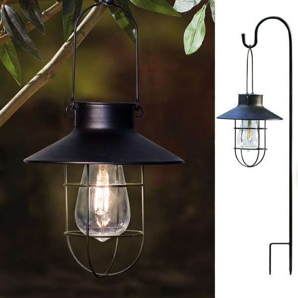 2 Pack EKQ Hanging Solar Lights Lantern Lamp with Shepherd Hook, Metal Waterproof Edison Bulb Lights for Garden Outdoor Pathway (Black)