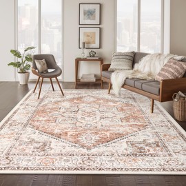 LIVEBOX 8X10 Area Rugs for Living Room, Washable Orange Boho Rug Large Soft Non-Slip Rug, Low-Pile Vintage Medallion Rug, Retro Faux Wool Rug for Dining Room Bedroom Office