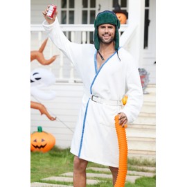 Mainfini 4 Pcs Men’s Holiday Cousin Robe Costume Set White Satin Bathrobe with Trapper Hat Belt Pipe Comfortable Pajamas Set XL