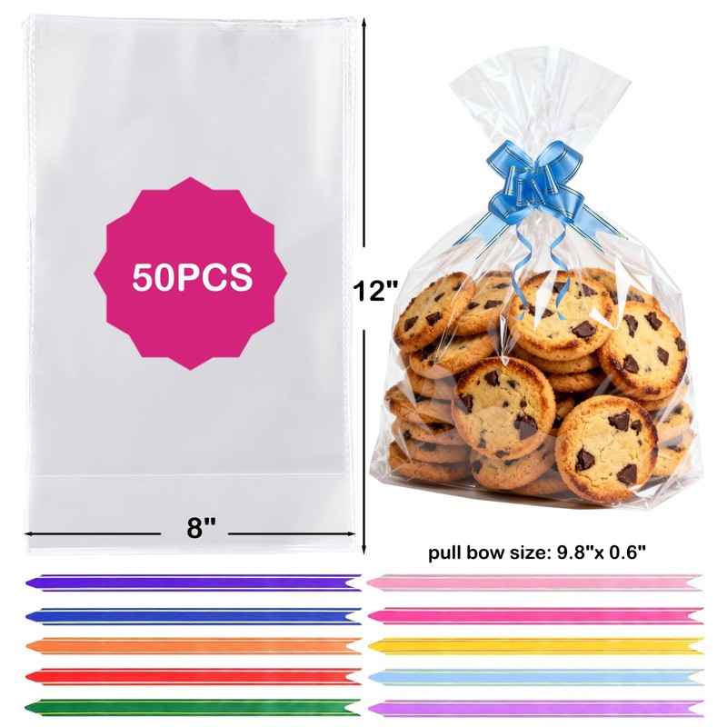 AGOBUHE Cellophane Treat Bags 8x12 Inch 50 Pack Clear Goodie