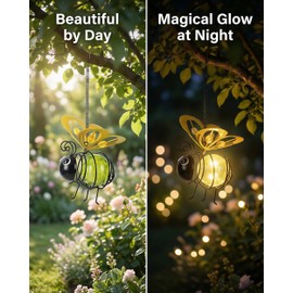 Solar Hanging Bee Light - Outdoor Metal Garden Decor with LED Glow, Yellow Body - Waterproof Solar Powered Insect Ornament for Yard, Tree, Porch, Patio - Gift for Women, Mom, Bee Lovers (1 Pack)