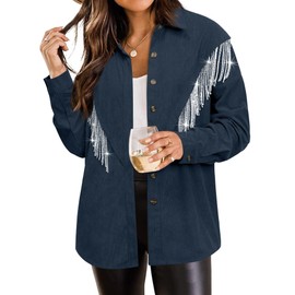 Nlife Womens Corduroy Nashville Sparkly Rhinestone Fringe Shacket Concert Outfits Long Sleeves Spakle Tassel Shirt Jacket