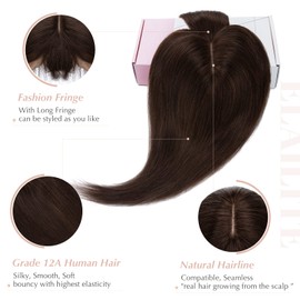 Elailite Hair Topper Extensions Women Toupee with Bang 100% Remy Real Hair 7 x 13 cm Base Clip in Hair Thickening #02 Dark Brown - 35 cm