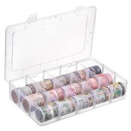 BTSKY 1 PCS Plastic Washi Tape Organizer, Adjustable 15-Grid Compartment Washi Tape Storage Case, Clear Sticker Storage Box for Scrapbook Organizers and Storage, Universal Jewelry Box Bead Organizer