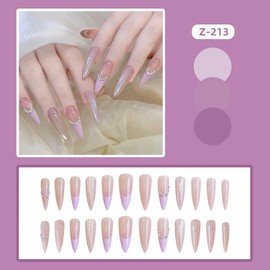Light Purple French Tip Press on Nails Almond Long Length Pearl Necklace Design Full Cover Glossy Cat Eye Fake Nail Handmade Stick on Nail Almond Tip Press Ons Gel Gue on Nails for Women 24Pcs
