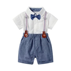 Volunboy Baby Boys' Romper Suit Set, Shirt with Bow Tie, Shorts and Suspenders (White, 18-24 Months, Size 90)