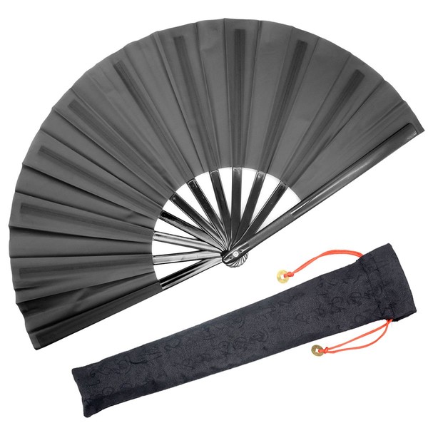 OMyTea Large Rave Folding Hand Fan for Men/Women - Chinese Japanese Kung Fu Tai Chi Handheld Fan with Fabric Case - for EDM, Music Festival, Club, Event, Party, Dance, Performance, Decoration (Black)