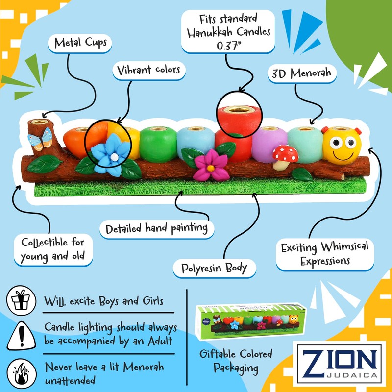 Zion Judaica Polyresin Caterpillar Menorah Cute Kids Candle Menorah Hand