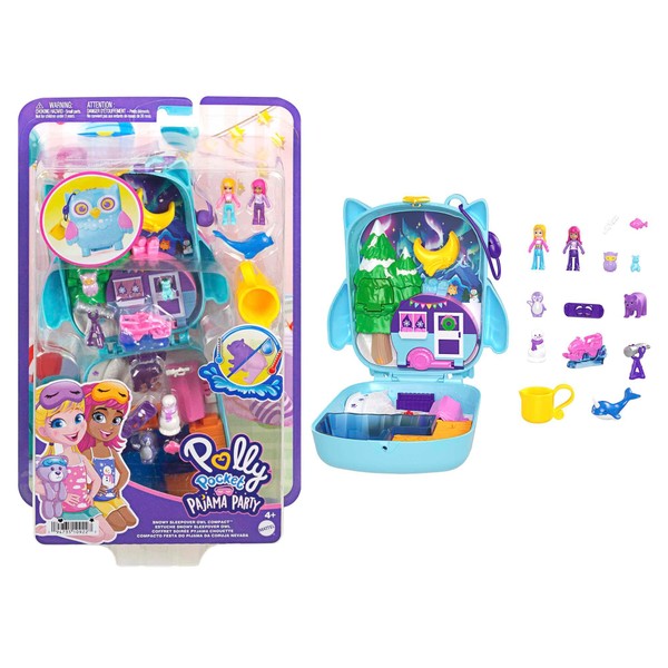 POLLY POCKET Pyjama Party Snow Owl Play Set with Water Fun and 2 Pieces with Colour Changing Effect, Carry Strap for Fun on the Go, for Children from 4 Years, HKV37