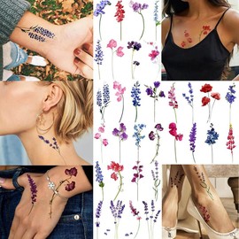 15 Sheets Watercolor Flower Lavender Temporary Tattoos For Women Adults, Water Color Tiny Wild Floral Tattoo Sticker, Fake Tattoos That Look Real And Long Lasting