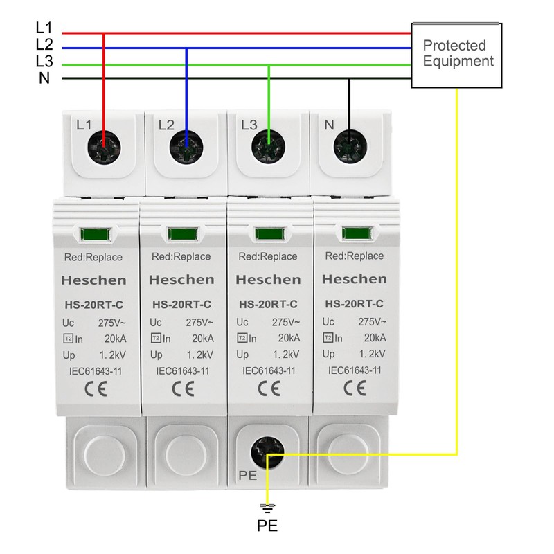 Heschen Surge Protector SPD, HS-20RT-C, 4P 275VAC 20KA, Integrated Replaceable