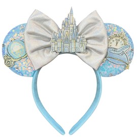 YUESE Mouse Ears Hairband for Women Adult Blue Sequin Headband with Castle Bows for Park Ears