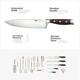 Knife Set & Kitchen Utensils Set with Rotating Holder & Cooking Utensils & Knife Sharpener. Made of High Carbon Stainless Steel, Wood Handle, Safe Odorless Silicone, by LIJIU