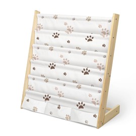 wooshwa Kids Bookshelf 5 Tier Wooden Toy and Book Storage Organizer 3 Pockets Toddler Sling Book Rack with Deep Sleeves for Baby Playroom Nursery Bedroom (Animal Footprint)